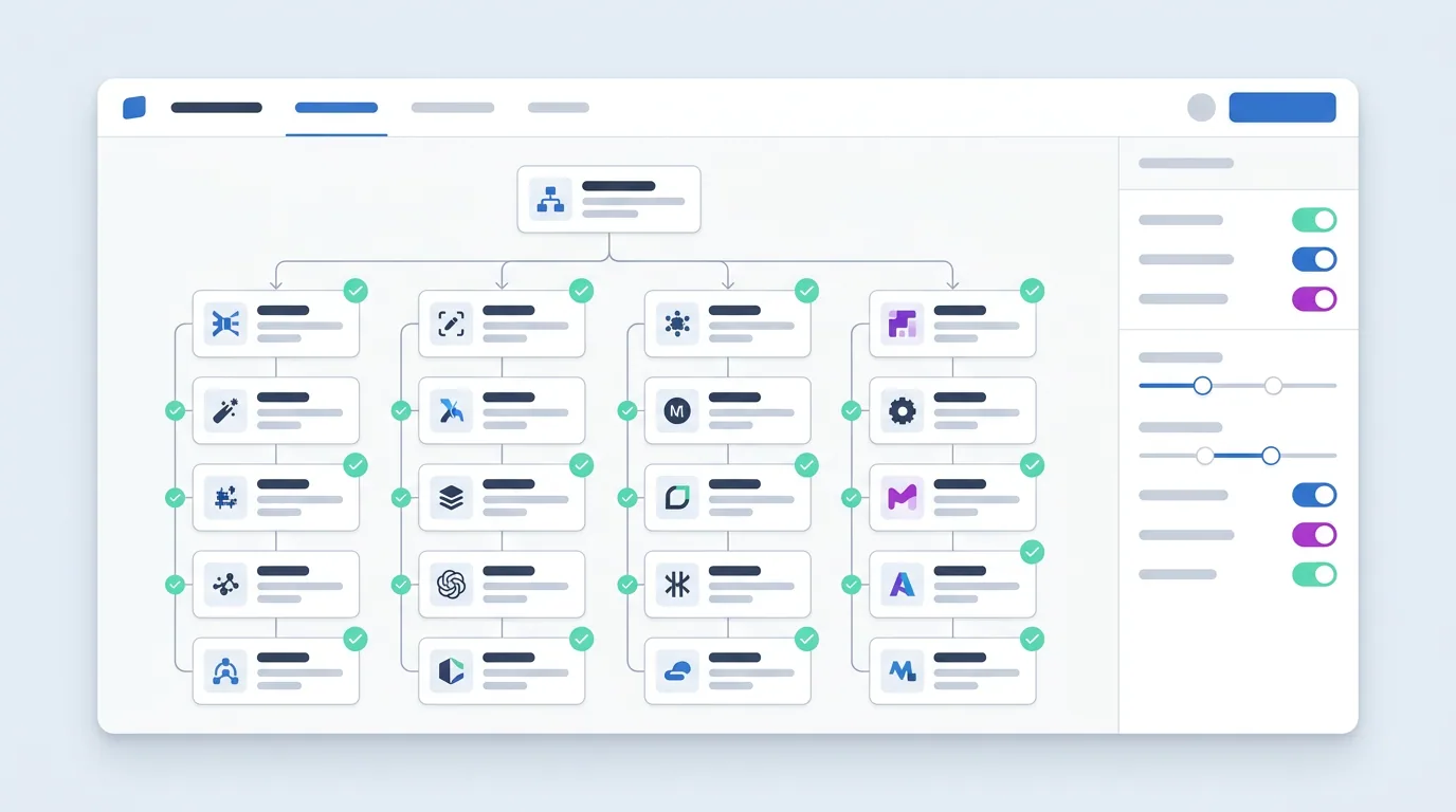 AI ad tools category map showing campaign structure branching into channels and creatives